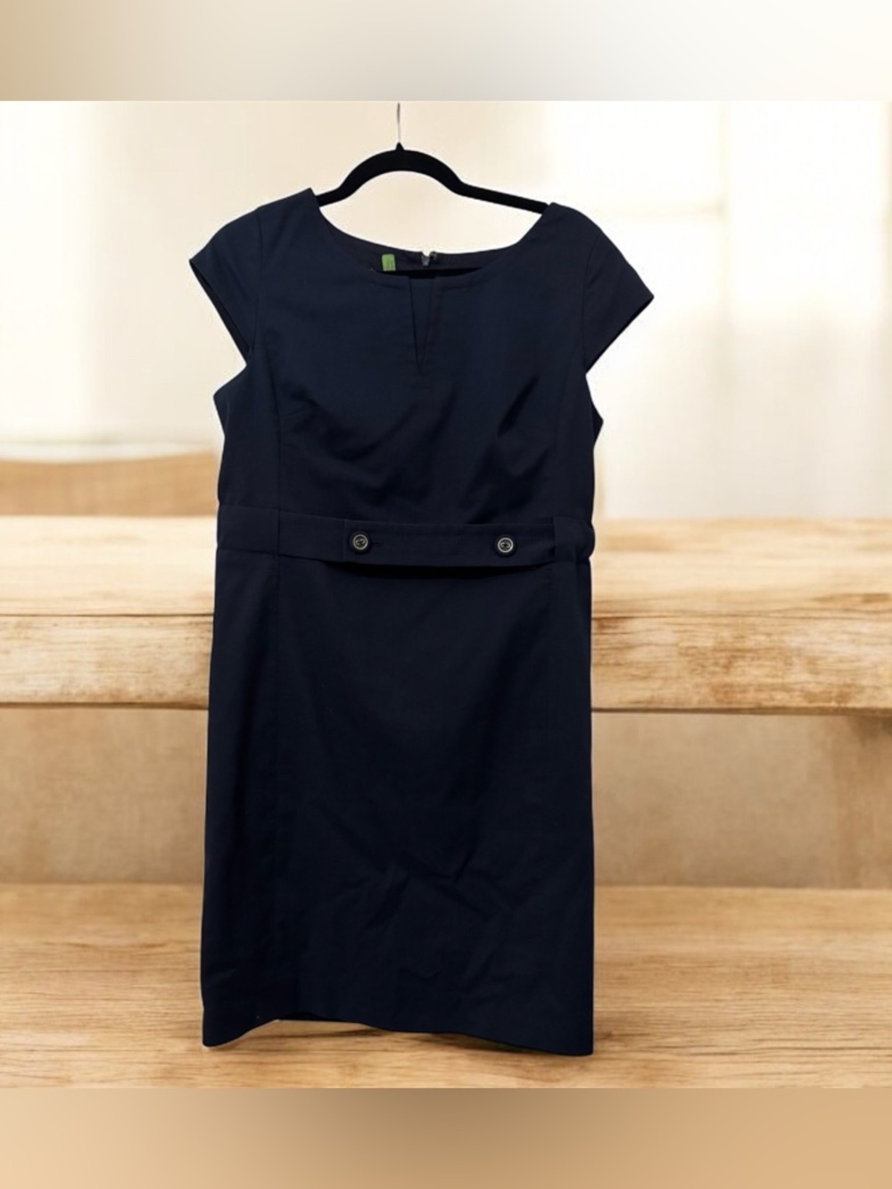 Talbots Navy Cap-Sleeve Sheath Dress with Waist Button Detail